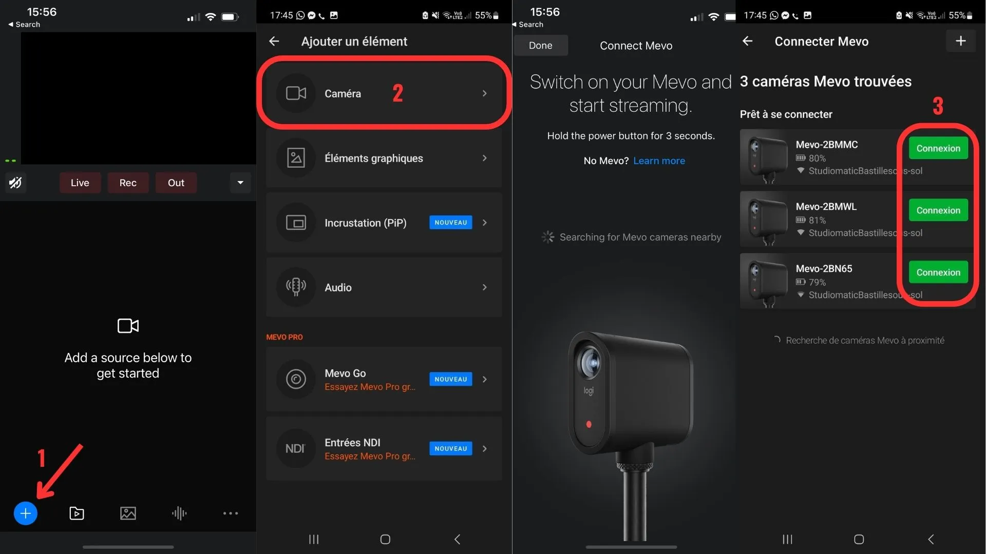 4 étapes d'usage de l'application mobile pour Mevo